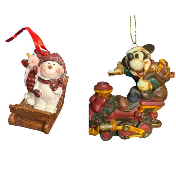 Snowman & Mickey Mouse Holiday Ornaments Set Of 2 Resin Christmas Figurines - Picture 1 of 13